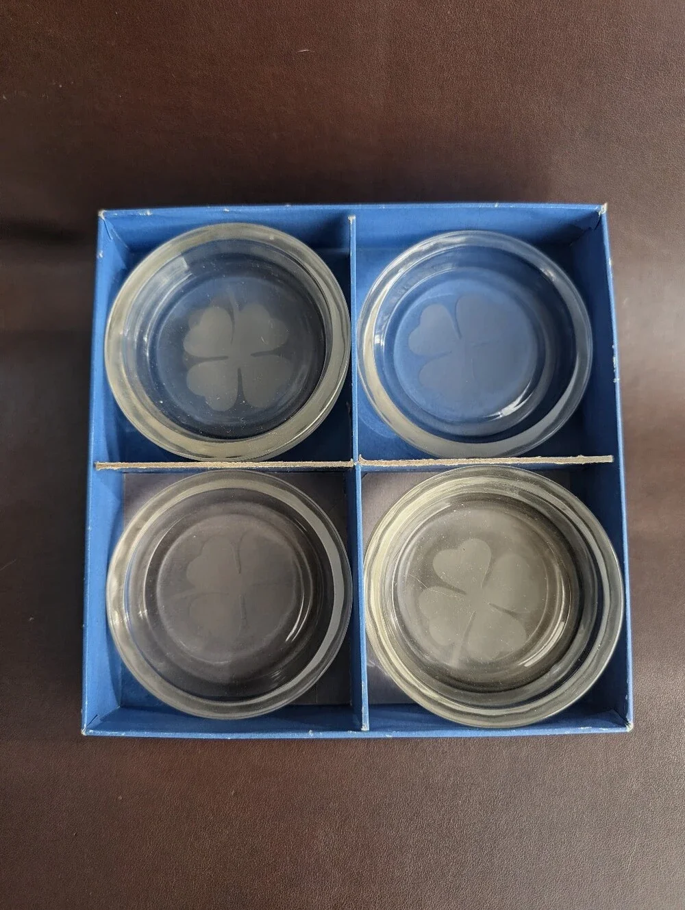 Clover Shamrock Glass Coaster Set 6-pc with Box by 'Monogram Decorative Crystal'